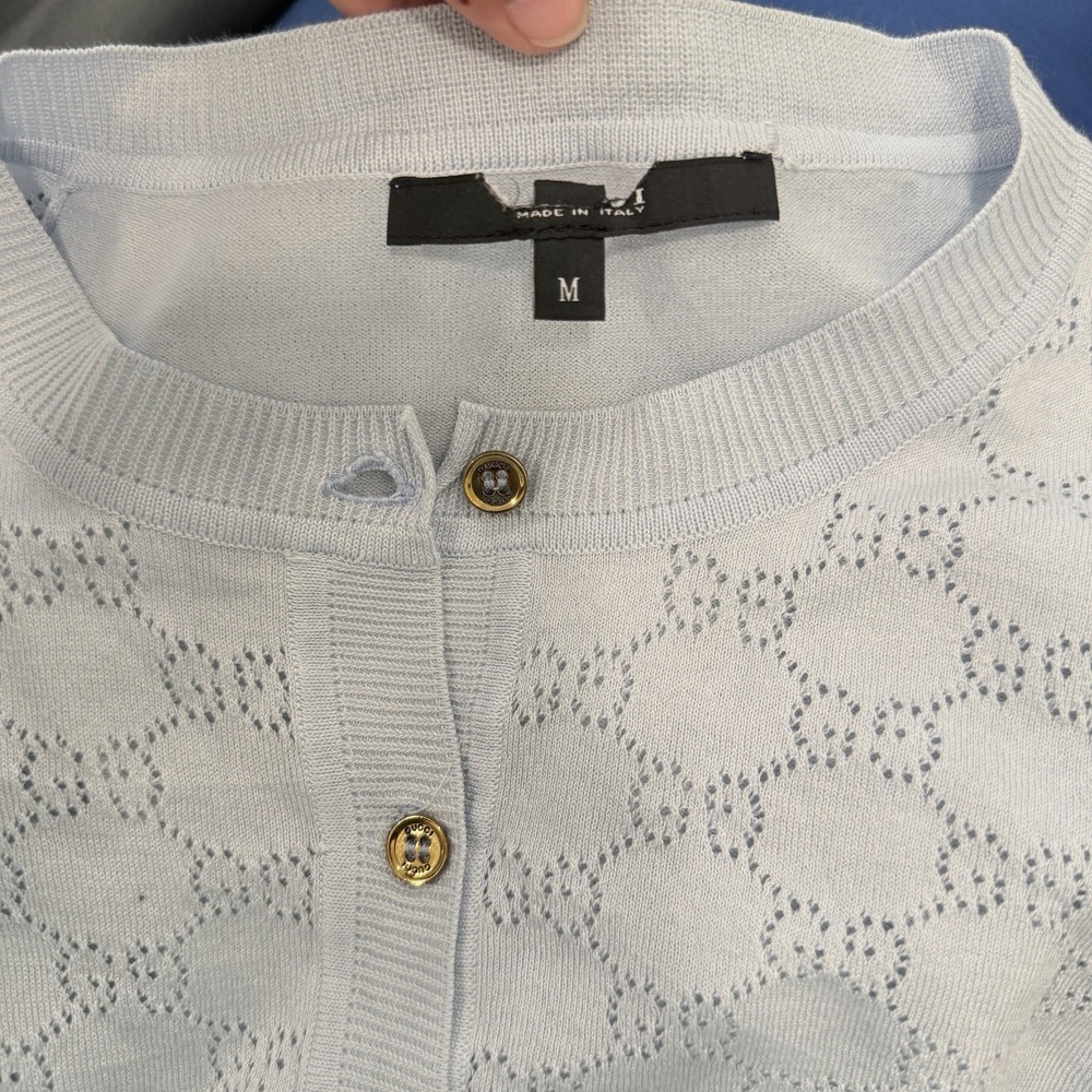 Gucci Womens M Silk Cotton Pointelle Cardigan Light Blue Gold Logo Buttons Italy - Picture 8 of 10
